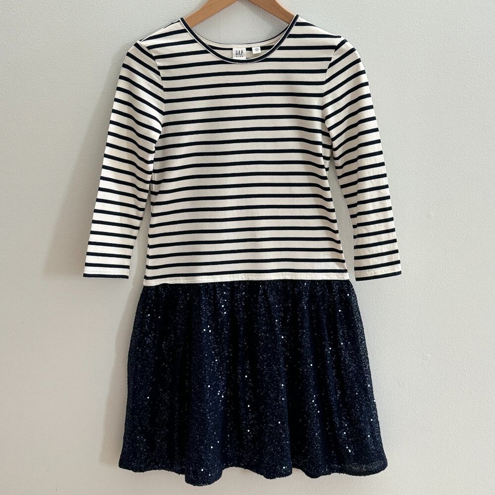 GAP Girls Striped Long Sleeve Dress with Sequin Skirt - Navy Blue - Size XXL